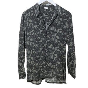 ECRU STYLE Womens Silk Blouse Size XS Gray Camo Long Sleeve Top Button up